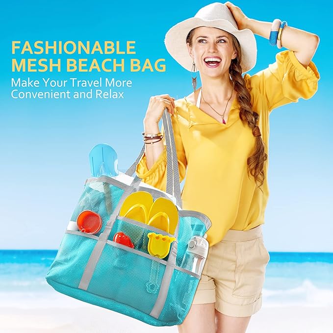 SRISE Mesh Beach Bag - Large Beach Tote Bag for Family Beach Bag for Toys & Vacation Essentials