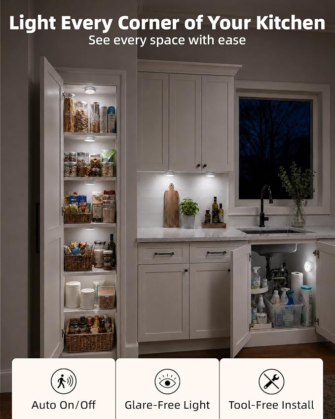 EZVALO 8 Pack Motion Sensor Closet Lights with Charging Station, 1200mAh Rechargeable LED Night Lights, Under Cabinet Lights, Puck Light, Dimmable, 3 Color Temps, Magnetic, Stick-On for Kitchen