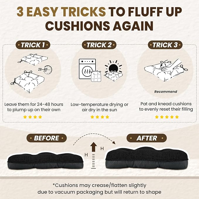 downluxe Indoor Chair Cushions for Dining Chairs, Tufted Overstuffed Textured Foam Kitchen Chair Pads with Ties and Non-Slip Backing, 15.5" x 15.5" x 4", Black, 4 Pack