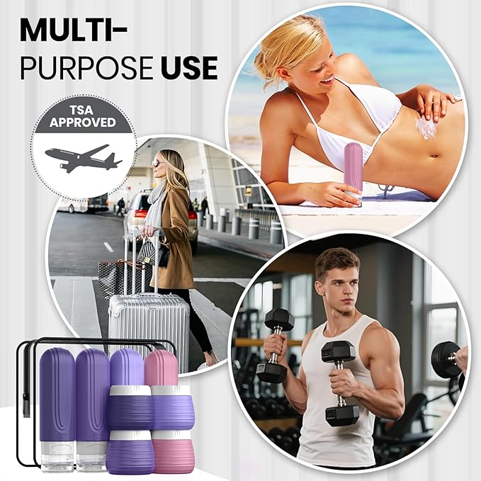 Travel Bottles for Toiletries 8 Pack, TSA Approved Travel Size Toiletries Containers Set, 4 Silicone Leak Proof Refillable Bottles and 4 Creams Jars Accessories Kit W/Clear Bag (PURPLE)