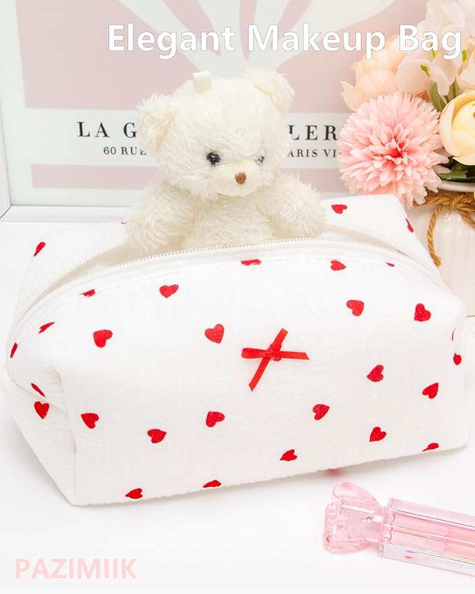 PAZIMIIK Cozy Makeup Bag Small Aesthetic Travel Zipper Cosmetic Pouch for Women Make Up Beauty Accessories Brushes,Heart Red