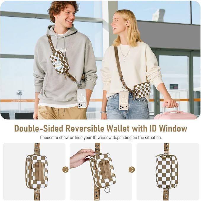 Tiostep Clip and Go Strap for Phone with Wallet Crossbody Phone Lanyard and Detachable Checkered Bag with ID Window and RFID Pouch for Daily Travel.