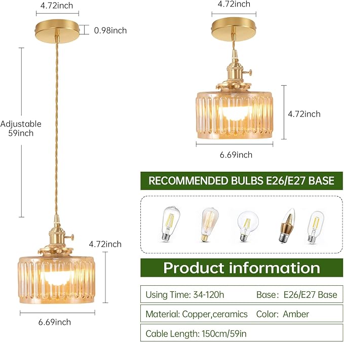 Shenmoyl Battery Operated Pendant Light 5000mAh Rechargeable Chandelier with Remote Control Wireless Adjustable Hanging Amber Striped Light for Kitchen Island Dining Room Hallway, 2 Pack