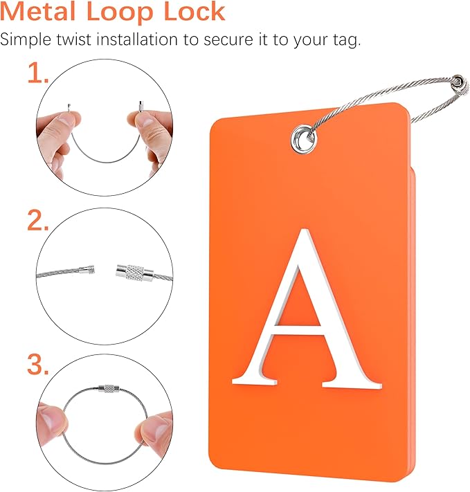 Gostwo 2 Pack Luggage Tags for Suitcases, 26 Initial Letter Travel Luggage Baggage Identification Labels ID Tag Fully Bendable Tags with Stainless Steel Loop (Orange) (Letter A)