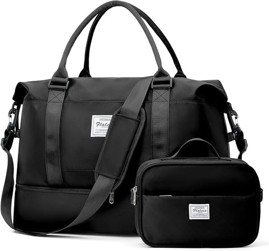 Weekender Bags for Women, Travel Duffel Bags with Shoe Compartment,Personal Item Travel Bag for Airlines, Carry on Overnight Tote Bag for Women with Toiletry Bag, Black