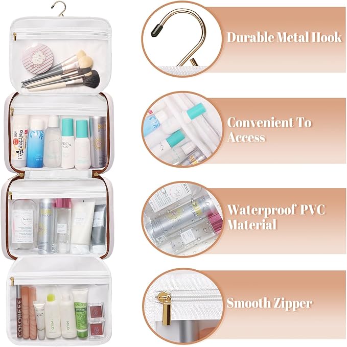 Bosidu Hanging Travel Toiletry Bag,Large Capacity Cosmetic Travel Toiletry Organizer for Women with 4 Compartments & 1 Sturdy Hook,Perfect for Travel/Daily Use/Christmas