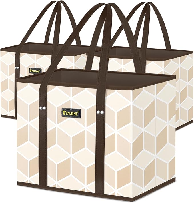 BALEINE 3Pk Reusable Grocery Bags, Foldable Shopping Bags for Groceries with Reinforced Bottom & Handles (Parallelogram)