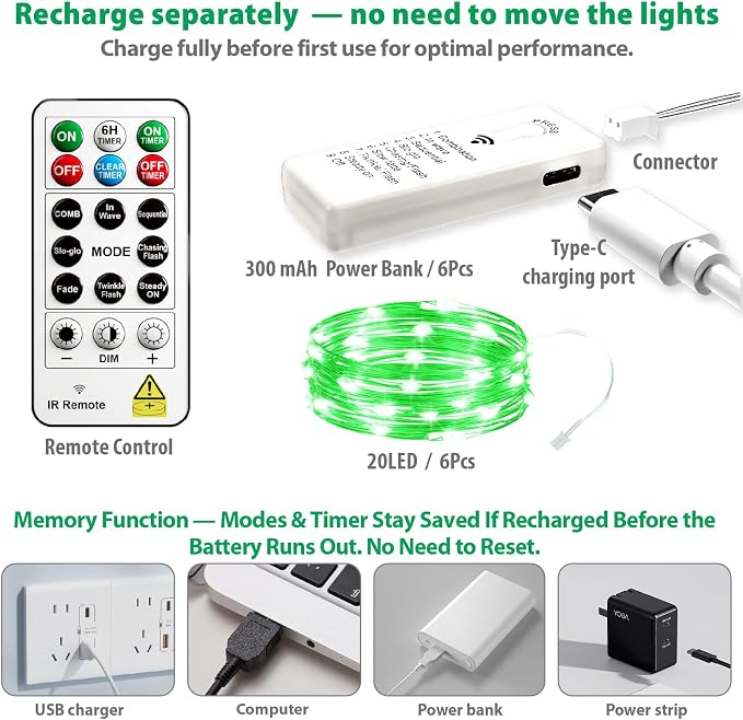 HXWEIYE 6 Pack Rechargeable Fairy Lights with Remote, 7ft 20LED | Battery Operated, 8 Modes & DIY Timer, Mini Twinkle String Light for Mason Jar Wedding Table Wreath Christmas,Green