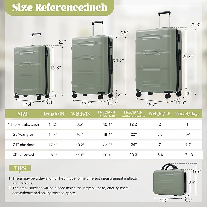 Merax Luggage Set 6 Piece,Lightweight Hardshell Suitcase with Double Spinner Wheels Handle Password Lock,14 IN Cosmetic Case 20/24/28 IN Luggages with Duffel Bag and Toiletry Bag,Light Green