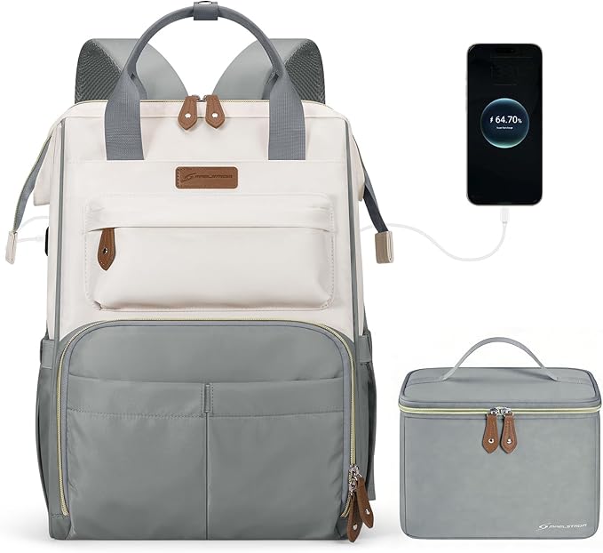 Maelstrom Travel Backpack for Women Men,Laptop Backpack Fits 15.6-17.3 Inch Laptop, Nurse/Work Bag with Insulated Lunch Box (Gray-beige)