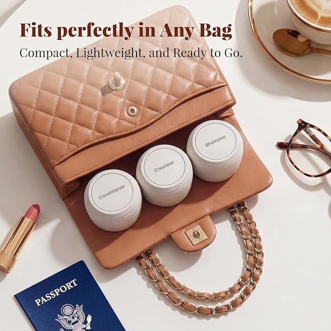 New Travel Toiletry Containers [Ultra Leakproof] TSA-Approved, PLA Hard Shell Jars with 5 Magnetic Labels, Wide Mouth Bottles for Lotion, Cleanser, Shampoo, Conditioner, Beige, 3 Pack, 1OZ