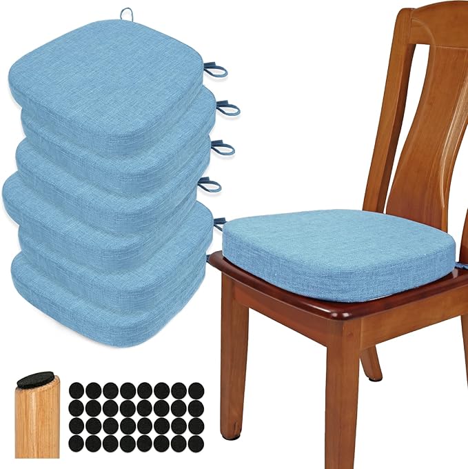 BUYUE Thickened 2.5" Dining Chair Cushions Set of 6, U-Shape High Density Foam Comfortable Chair Pads for Kitchen, Slip Resistant Indoor Seat Cushions (6 PCS, Light Blue)