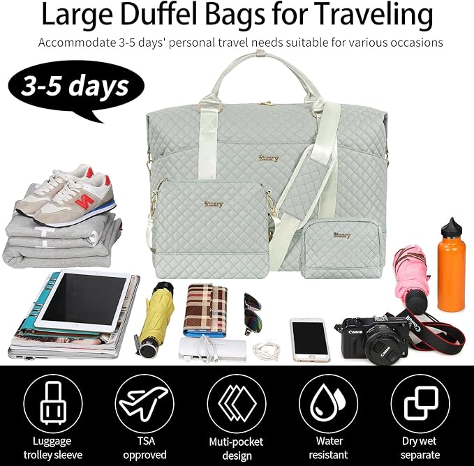 Weekender Bag, Large Travel Duffel Bag for Women, Carry on Overnight Bag with Shoe Compartment and Toiletry Bags