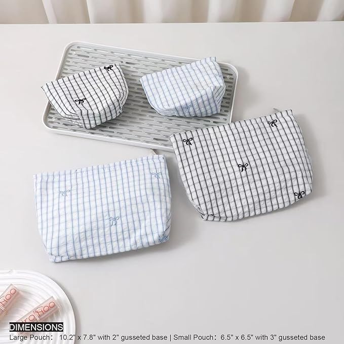 HAPPYHEIDI Makeup Bag Set for Organizing and Traveling, White Checkered Nylon Pouch, Plaid, Zipper Closure, Large 10.2x7.8 Inches