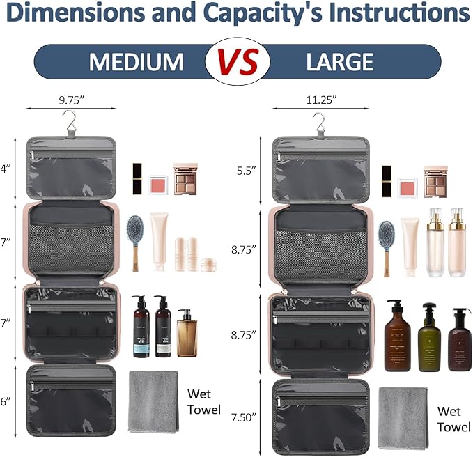 Travel Toiletry Bag for Women with Hanging Hook, Waterproof TSA Approved Cometic Toiletry Bag Organizers Leakproof Make up Bags for Women Pink
