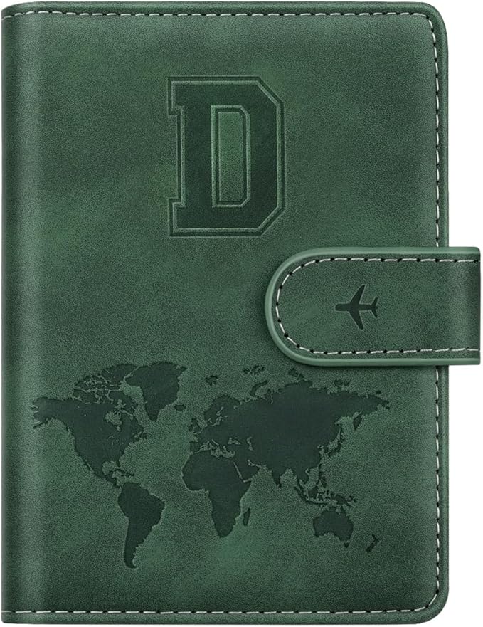 Personalized D Passport Holder Cover Initial Letter Travel Wallet RFID Blocking Passport Cover Credit Card Holder Case Passport Book Holders for Women and Men, Pine Green-D