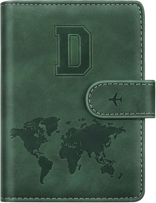 Personalized D Passport Holder Cover Initial Letter Travel Wallet RFID Blocking Passport Cover Credit Card Holder Case Passport Book Holders for Women and Men, Pine Green-D
