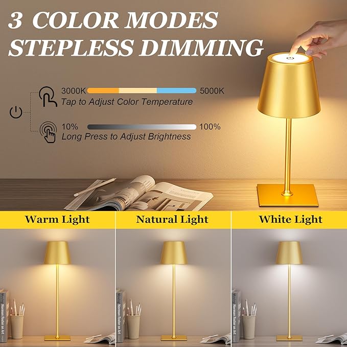 Kakanuo Gold Cordless Rechargeable Table Lamp 5000mAh Battery Operated Lamps, 3 Colors Stepless Dimming Touch Lamp for Living Room, Kitchen Counter, Dining, Outdoor Patio, 2 Pack
