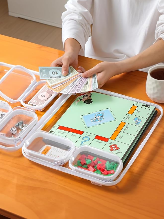 CoiiJoii Board Game Storage, Extra Small Clear Hard Shell Case with Zipper, 4 Packs Board Game Organizer and Storage for Games Craft Hobby Art Supplies