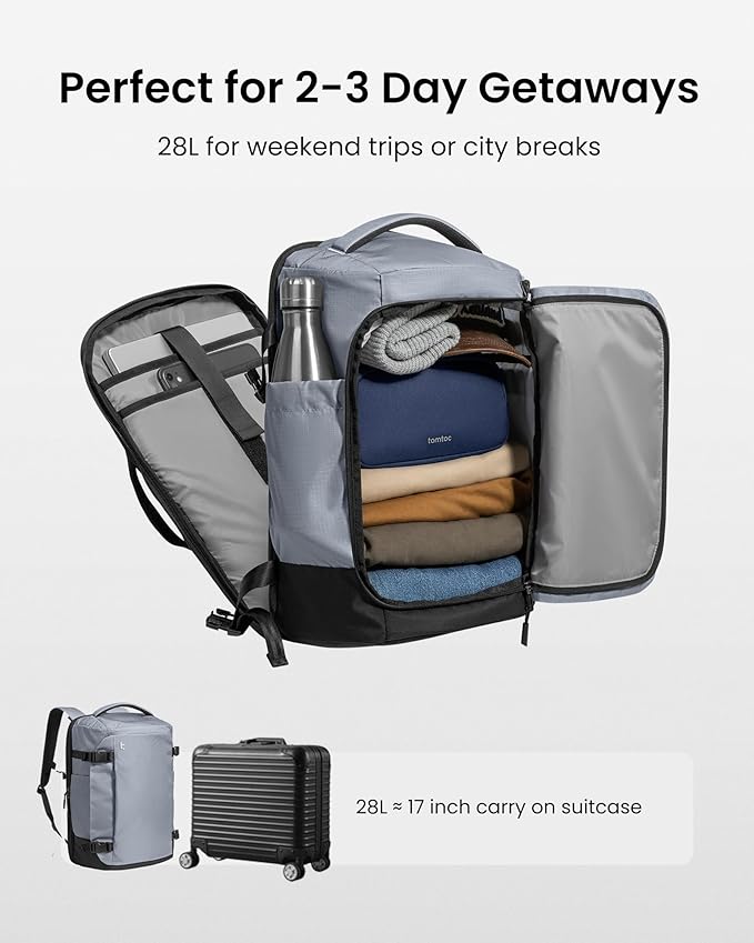 tomtoc Travel Backpack 28L, TSA Friendly Flight Approved Carry-on Luggage, Personal Item Travel Bag, Water-resistant Lightweight Business Rucksack, Durable Bag Fits 16 Inch Laptop
