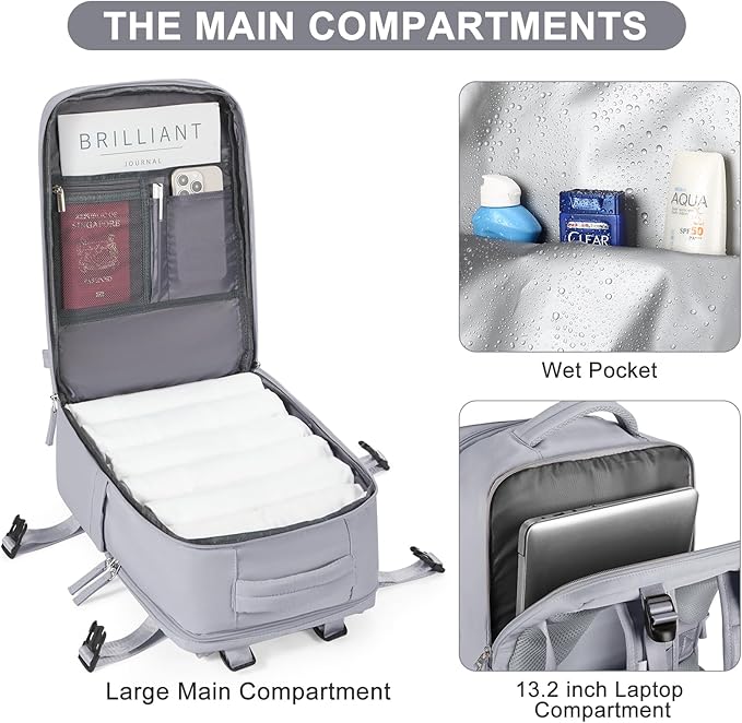 coofay Travel Backpack Carry On Flight Approved For Women Men Personal Item Backpack Carry On Bags For Airplanes Backpack For Travel With Shoe Compartment Grey