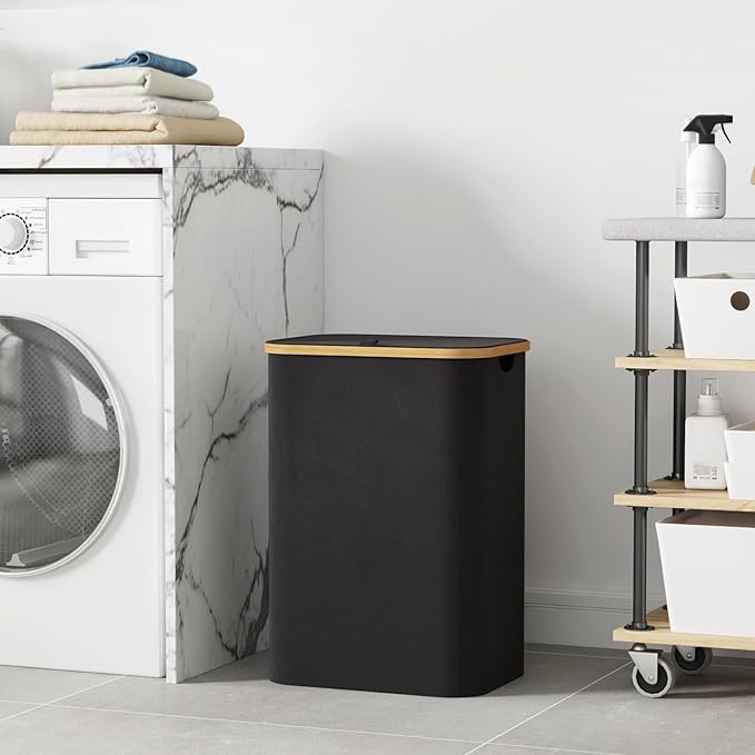 Lifewit 80L Laundry Basket with Lid, Clothes Hampers for Laundry with Bamboo Handles and 1 Removable Bag, Large Foldable Laundry Hamper for Bedroom, Bathroom, Dorm, Laundry Room, Black