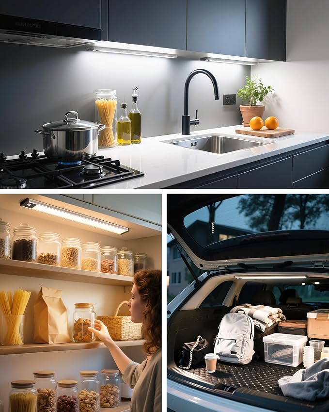 17.5inch Under Cabinet Lighting, 4500Mah Motion Sensor Light Indoor, 4 Pack | Rechargeable Battery Operated Under Cabinet Lights, 3Color Temps, Dimming, Wireless, Under Counter Light for Kitchen, Closet