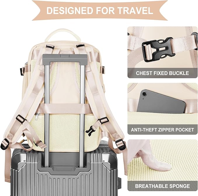 coowoz Large Casual Travel Backpack For Women Men,Carry On Rucksack Flight Approved,Hiking Waterproof Outdoor Sports Daypack Fit 15.6 Inch Laptop Shoes Compartment (Beige)
