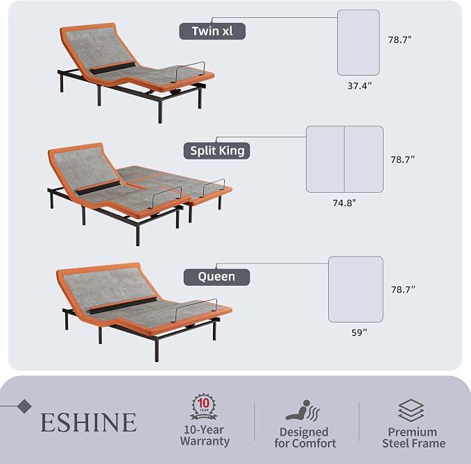 ESHINE Twin XL Adjustable Bed Frame with Lumbar Support Dual USB | Bed Base, Head-Pillow-Tillt, Under Bed Light, Smart App, Zero Gravity, Ergonomic Incline, Wireless Remote, 6000 Series