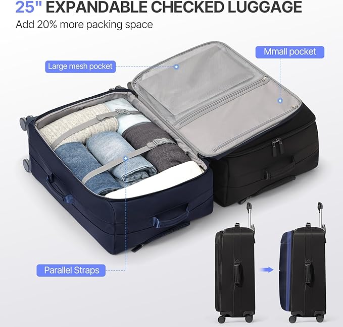 Checked Luggage, Softside Suitcases with Spinner Wheels, Lightweight Checked-Suitcase with TSA Lock for Women Men, Large Luggage for Travel Business Trip (Black, 25-Inch)