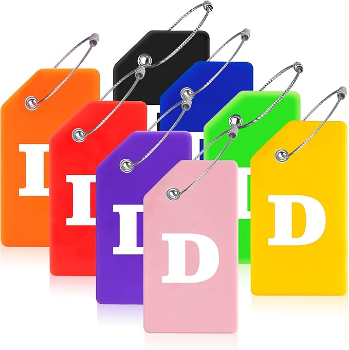 Gostwo 8 Pack Luggage Tags for Suitcases, 26 Initial Letter Travel Luggage Baggage Identification Labels ID Tags Fully Bendable Tags with Stainless Steel Loop (Letter D, Colorful)
