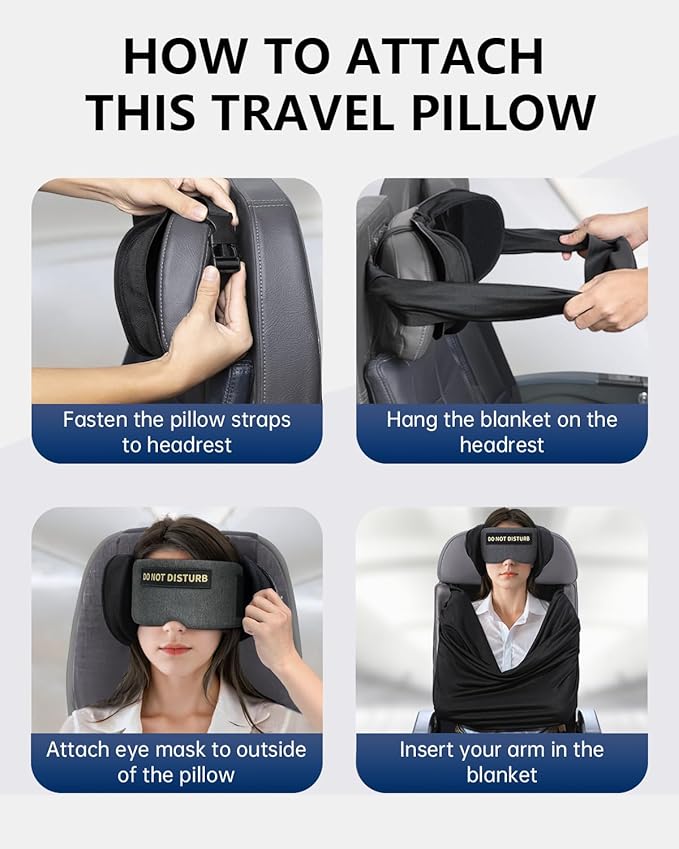 Travel Pillow and Blanket Set, Compact Airplane Pillow Bag with Eye Mask for Long Flights Sleeping, 360° Support Head Strap Travel Essentials for Plane Car Sleep Neck Upright, Stop Bobblehead (Grey)