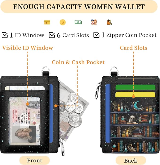 Hancynir Goth Bookshelf Skull Cat Wallet Women Credit Card Holder Funny Gothic RFID Blocking Small Card Wallets Mini Front Pocket PU Leather Thin Travel Zipper Coin Cash Ladies Female Wallet Gifts