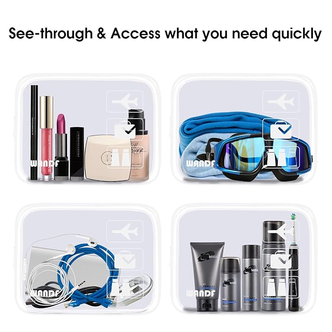 WANDF TSA Approved Toiletry Bag, 2 Packs Travel Clear Toiletry Bag, Quart Size Makeup Cosmetic Pouch with Zipper, Carry-On Airport Compliant Bag for Women and Men (3pcs White)