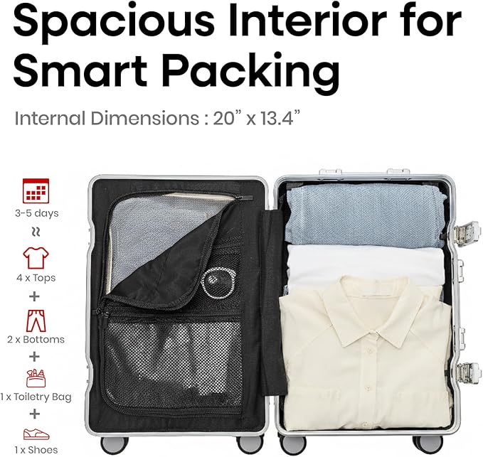 20 Inch Aluminium Frame Carry On Luggage Airline Approved With laptop compartment, Zipperless Hard Shell Travel Suitcase with TSA Approved Cup Holder USB Port Holder for Women Men,Silver
