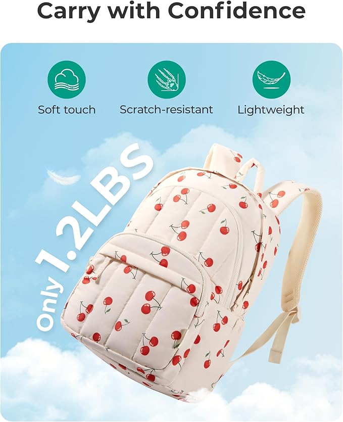 BAGSMART Womens Backpack Small Travel Laptop Backpack for Women, Quilted College Laptop Bookbag, Work Back Pack for Women, Cute Computer Water-Resistant Casual Daypack,Cherry Print