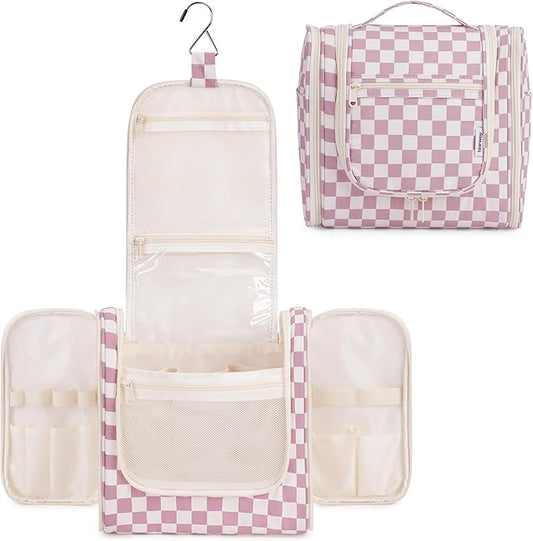 Narwey Checkered Hanging Travel Toiletry Bag for Women, Travel Bag for Toiletries, Makeup Bag Organizer Cosmetic Bags Make Up Bags for Women (Dusty Rose Checkerboard)