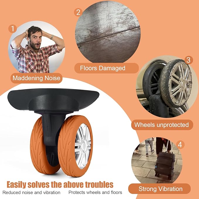 Upgrade Luggage Wheel Covers, 8pcs Suitcases Wheel Protector,Wear-Resistant, Anti-Noise, Silicone Protectors For 2-2.4"Luggage Spinner,Accessories for Travel (Orange)