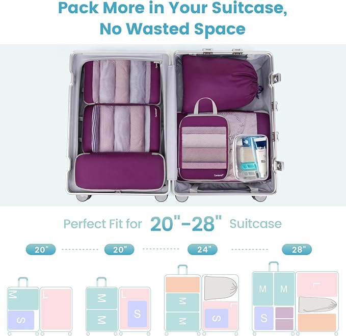 Cambond Compression Packing Cubes - 7 Piece See Through Mesh Packing Cubes for Travel with Underwear Laundry Makeup Bag, Expandable Travel Packing Suitcase Organizers for Family Vacation, Purple