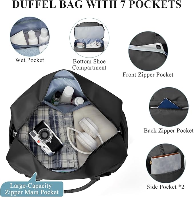 Weekender Bags for Women, Travel Duffel Overnight Carry On Weekend Bag with Shoes Compartment & Toiletry Bag,Black