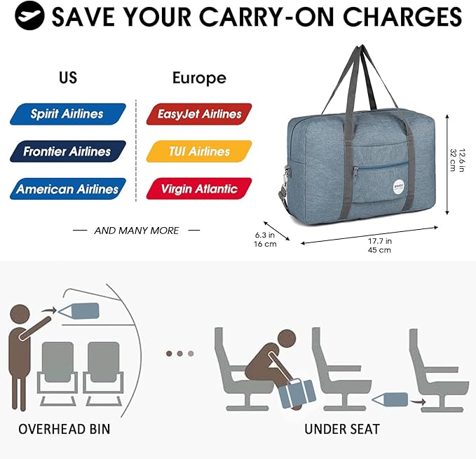 WANDF For Spirit Airlines Personal Item Bag 18x14x8 Travel Duffel Bag Underseat Foldable Carry-on Luggage for Women