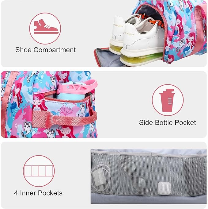 Gym Travel Duffle Bag for Girls - Gymnastics Sports Dance Bag with Shoe Compartment & Wet Pocket Mermaid Kids Travel Bag Teens Weekender Sleepover Carry On Bag