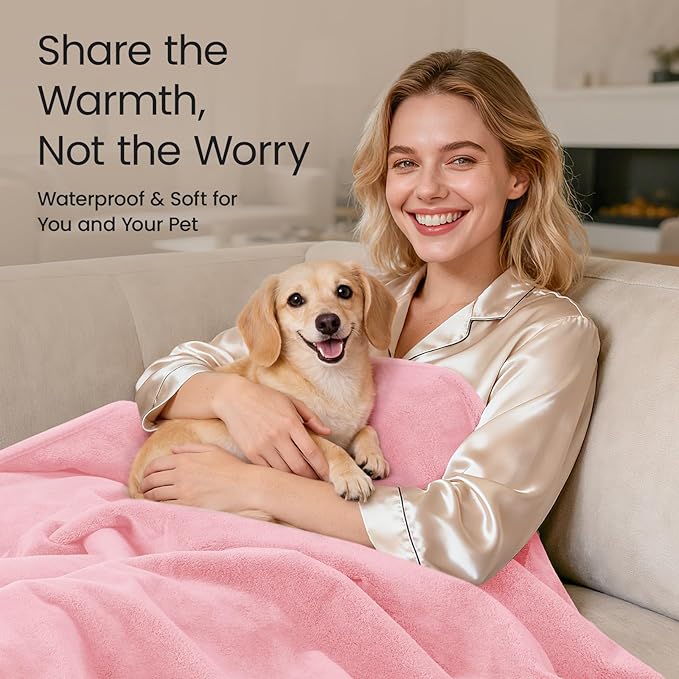 LOOBANI Waterproof Blanket for Bed Couch: Soft Coral Fleece Twin Bed Blankets Waterproof 60" x 80", Reversible Leakproof Throw Blanket, Stain-Resistant Furniture Protector, Pet-Friendly, Pink
