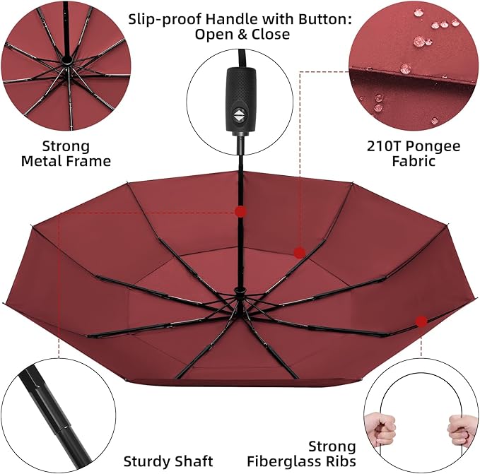 TradMall Travel Umbrella, 42/45 Inches Double Vented Canopy Windproof Automatic Strong Compact Folding Umbrellas for Rain Women and Men