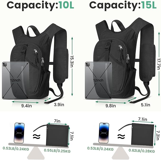 Small Hiking Backpack 15L-Lightweight Packable Foldable Backpack for Travel Camping Outdoor Commute,Compact Rucksack for Women Men(Black)