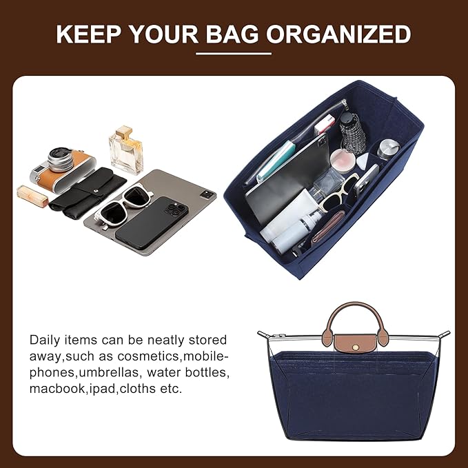 Doxo Felt Purse Organizer Insert for Longchamp Le Pliage L Travel Bag, Longchamp Orgainzer Insert Large with 9 Compartments and Zipper Water Bottle Holder, Fits Long Champ Large Bag (LT, Navy)