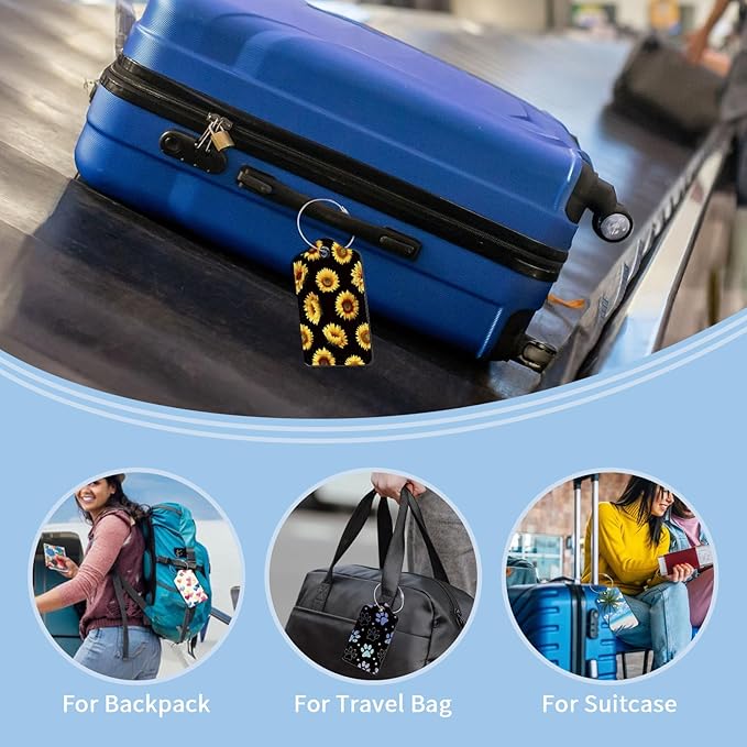 2 Pcs Luggage Tag for Suitcases, Cute Sunflower PU Leather Suitcase Tag Privacy Cover ID Label with Metal Loop, Personalized Baggage Identifier for Women Cruise Bag Travel Essentials Black