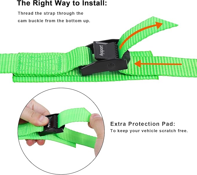 Ayaport Lashing Straps Car Roof Rack Straps Cam Buckle Tie Down Strap for Kayak, SUP, Canoe, Surfboard Packing (Green, 1" x 12')