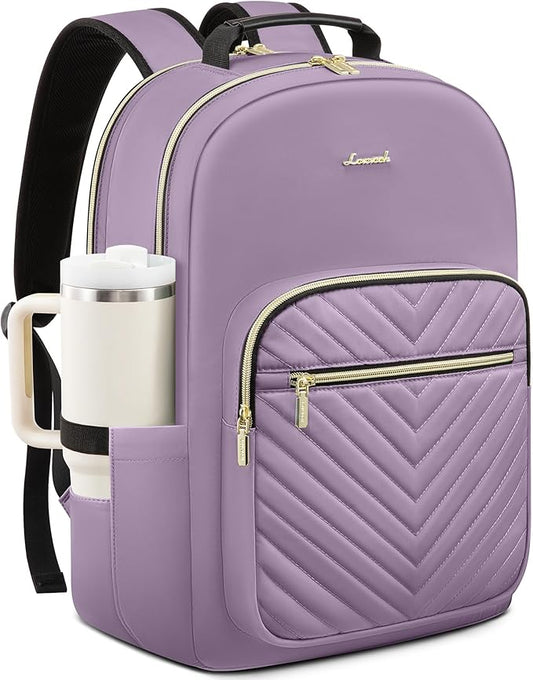 LOVEVOOK Laptop Backpack for Women with Giant Tumbler Holder 17.3 inch,Designer Travel Backpack Laptop Bag College Backpack,Quilted Work Nurse Teacher Backpack Purse Computer Bag Daypack,Taro Purple