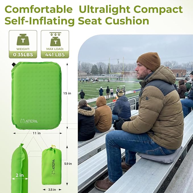 ATEPA Inflatable Seat Cushion, Self-Inflating Portable Stadium Airplane Travel Foam Cushion Pad for Camping, Sports Events, Outdoor